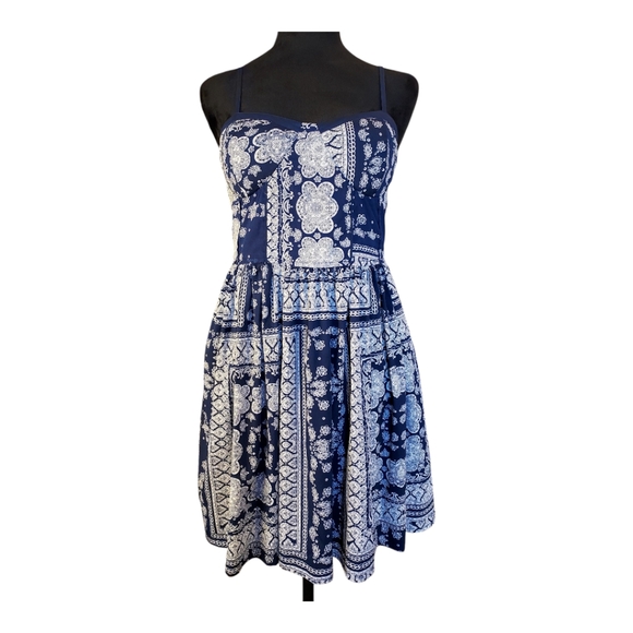 Band of Gypsies Navy Blue & White Paisley Bandana Sleeveless Mini Dress Size L - Picture 2 of 10